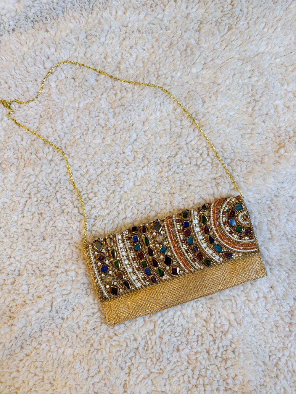 Beaded Embellished Gold Evening Clutch with Multi-Colored Gem Accents